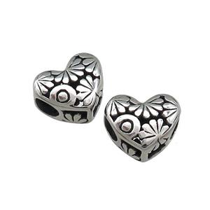 Titanium Steel Heart Beads Flower Large Hole Hollow Antique Silver, approx 12mm, 4mm hole [SSB4398]