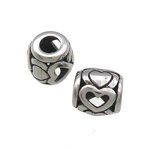 Titanium Steel Barrel Beads Heart Large Hole Hollow Antique Silver, approx 9mm, 4mm hole [SSB4404]