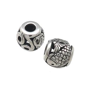 Titanium Steel Barrel Beads Large Hole Hollow Fish Antique Silver, approx 9mm, 4mm hole [SSB4412]