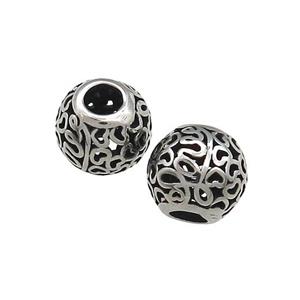 Titanium Steel Round Beads Large Hole Hollow Antique Silver, approx 9-10mm, 4mm hole [SSB4426]