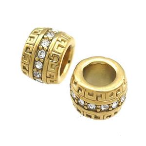 Stainless Steel Barrel Beads Pave Rhinestone Large Hole Gold Plated, approx 11mm, 6mm hole [SSB4479]