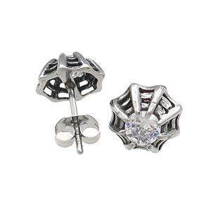 Stainless Steel Stud Earring Pave Rhinestone Cobweb Antique Silver, approx 10mm [SSB4482]