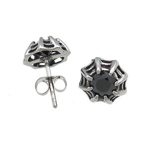 Stainless Steel Stud Earring Pave Rhinestone Cobweb Antique Silver, approx 10mm [SSB4483]