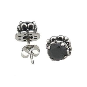 Stainless Steel Stud Earring Pave Rhinestone Lotus Antique Silver, approx 9mm [SSB4485]