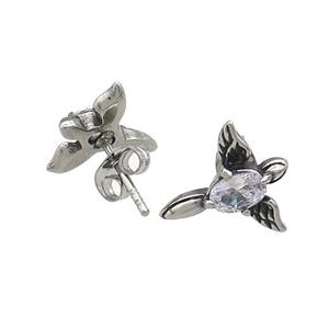 Stainless Steel Stud Earring Pave Rhinestone Angel Wings Antique Silver, approx 13-14mm [SSB4506]