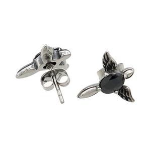 Stainless Steel Stud Earring Pave Rhinestone Angel Wings Antique Silver, approx 13-14mm [SSB4507]