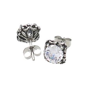 Stainless Steel Stud Earring Pave Rhinestone Antique Silver, approx 9mm [SSB4516]