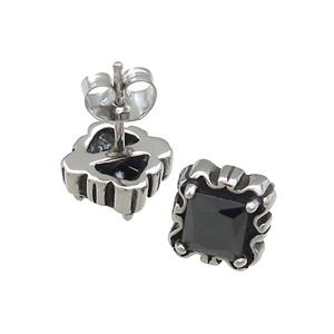 Stainless Steel Stud Earring Pave Rhinestone Square Antique Silver, approx 9mm [SSB4539]