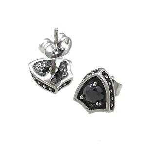Stainless Steel Stud Earring Pave Rhinestone Shield Antique Silver, approx 9-10mm [SSB4540]