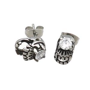 Stainless Steel Stud Earring Pave Rhinestone Skull Antique Silver, approx 6-10.5mm [SSB4551]