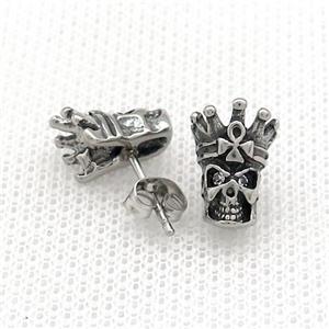 Stainless Steel Stud Earring Pave Rhinestone Skull Antique Silver, approx 9-13mm [SSB4557]