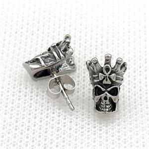 Stainless Steel Stud Earring Pave Rhinestone Skull Antique Silver, approx 9-13mm [SSB4558]