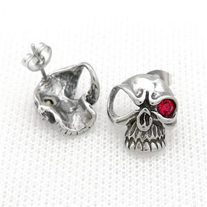 Stainless Steel Stud Earring Pave Rhinestone Skull Antique Silver, approx 14-16mm [SSB4563]