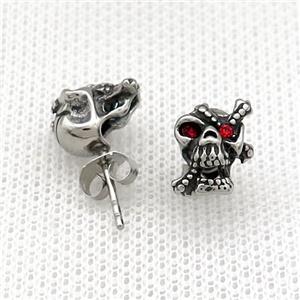 Stainless Steel Stud Earring Pave Rhinestone Skull Antique Silver, approx 9-11mm [SSB4565]