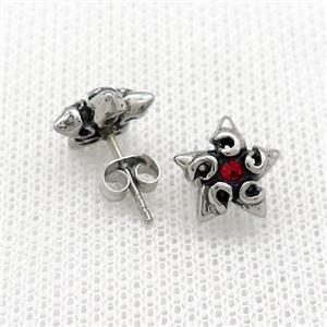 Stainless Steel Stud Earring Pave Red Rhinestone Star Antique Silver, approx 11mm [SSB4575]