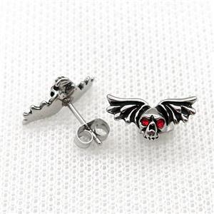 Stainless Steel Stud Earring Pave Red Rhinestone Skull Wings Antique Silver, approx 8-16mm [SSB4583]