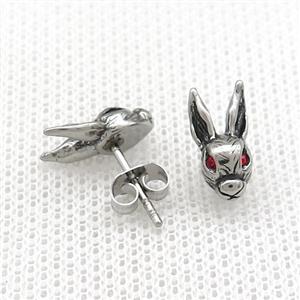 Stainless Steel Stud Earring Pave Red Rhinestone Rabbit Antique Silver, approx 6-13mm [SSB4594]