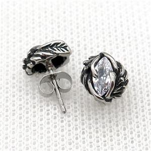 Stainless Steel Stud Earring Pave Rhinestone Leaf Antique Silver, approx 9.5-11mm [SSB4596]