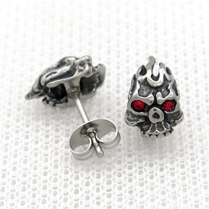 Stainless Steel Stud Earring Pave Red Rhinestone Skull Antique Silver, approx 7.5-11.5mm [SSB4598]