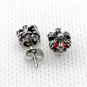 Stainless Steel Stud Earring Pave Red Rhinestone Crown Antique Silver, approx 8mm [SSB4605]