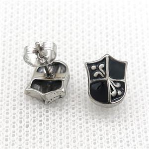 Stainless Steel Stud Earring Shield Antique Silver, approx 9-11mm [SSB4613]