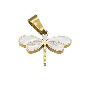 Dragonfly Charms Stainless Steel Pendant White Enamel Gold Plated, approx 10-16mm [SSB4628]
