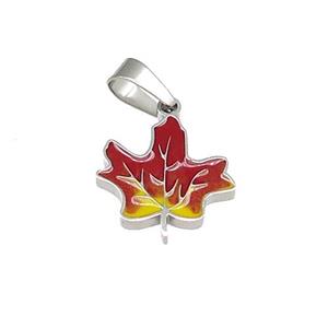 Raw Stainless Steel Maple Pendant Red Enamel, approx 13mm [SSB4633]
