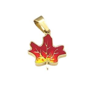 Stainless Steel Maple Pendant Red Enamel Gold Plated, approx 13mm [SSB4634]