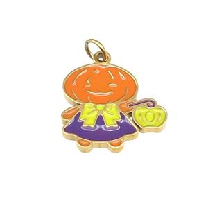 Halloween Pumpkin Doll Charms Stainless Steel Multicolor Enamel Gold Plated, approx 14mm [SSB4642]