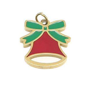 Christmas Bell Stainless Steel Pendant Green Red Enamel Gold Plated, approx 14-15mm [SSB4697]