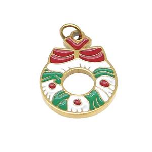 Christmas Wreath Stainless Steel Pendant Multicolor Enamel Gold Plated, approx 13-16mm [SSB4706]