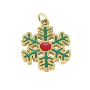 Christmas Snowflake Charms Stainless Steel Pendant Red Green Enamel Gold Plated, approx 15mm [SSB4708]
