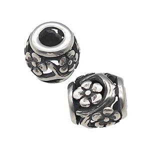 Titanium Steel Barrel Beads Large Hole Flower Hollow Antique Silver, approx 9-10mm, 4mm hole [SSB4713]