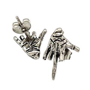 Stainless Steel Stud Earrings Middle Hand Sign Antique Silver, approx 13-17mm [SSB4749]