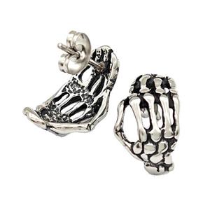 Stainless Steel Stud Earrings Skeleton Hand Antique Silver, approx 10-18mm [SSB4751]