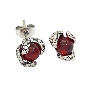Stainless Steel Snake Stud Earrings With Red Glass Antique Silver, approx 8-10mm [SSB4756]
