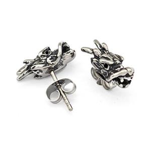 Stainless Steel Stud Earrings Pave Rhinestone Dragon Head Antique Silver, approx 6-14mm [SSB4759]
