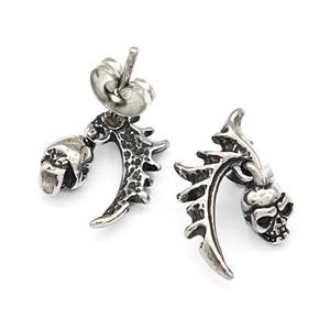 Tribal Wing Skull Charms Stainless Steel Stud Earrings Antique Silver, approx 5-6mm, 8-17mm [SSB4764]