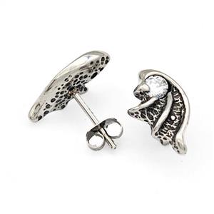 Stainless Steel Wings Stud Earrings Pave Rhinestone Antique Silver, approx 8-15mm [SSB4767]