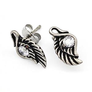 Stainless Steel Wings Stud Earrings Pave Rhinestone Antique Silver, approx 8-15mm [SSB4768]