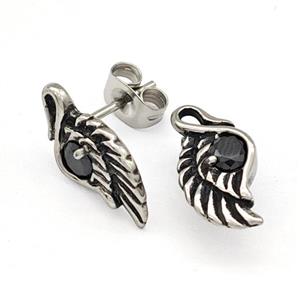 Stainless Steel Wings Stud Earrings Pave Rhinestone Antique Silver, approx 8-15mm [SSB4769]
