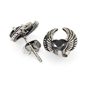 Stainless Steel Angel Wings Stud Earrings Pave Rhinestone Antique Silver, approx 11-12mm [SSB4770]