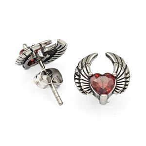 Stainless Steel Angel Wings Stud Earrings Pave Red Rhinestone Antique Silver, approx 11-12mm [SSB4771]