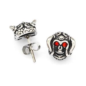 Horns Of Destruction Stainless Steel Stud Earrings Pave Rhinestone Antique Silver, approx 10mm [SSB4775]