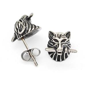 Stainless Steel Wolf Stud Earrings Antique Silver, approx 11mm [SSB4777]