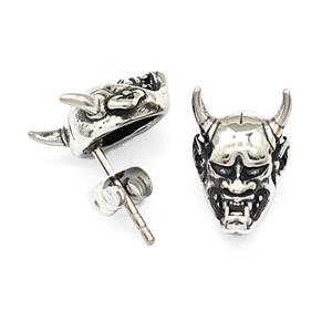 Oni Devil Charms Stainless Steel Stud Earrings Antique Silver, approx 10-14mm [SSB4778]