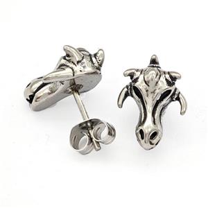 Three Horned Bucks Charms Stainless Steel Stud Earrings Antique Silver, approx 10-14mm [SSB4779]