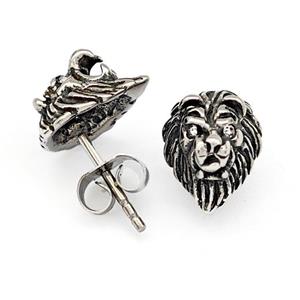 Stainless Steel Leo Stud Earrings Pave Rhinestone Antique Silver, approx 9-11mm [SSB4782]