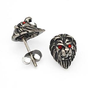 Stainless Steel Lion Stud Earrings Pave Rhinestone Antique Silver, approx 9-11mm [SSB4783]