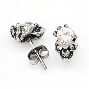 Stainless Steel Skull Stud Earrings Pave Rhinestone Antique Silver, approx 7-11mm [SSB4784]